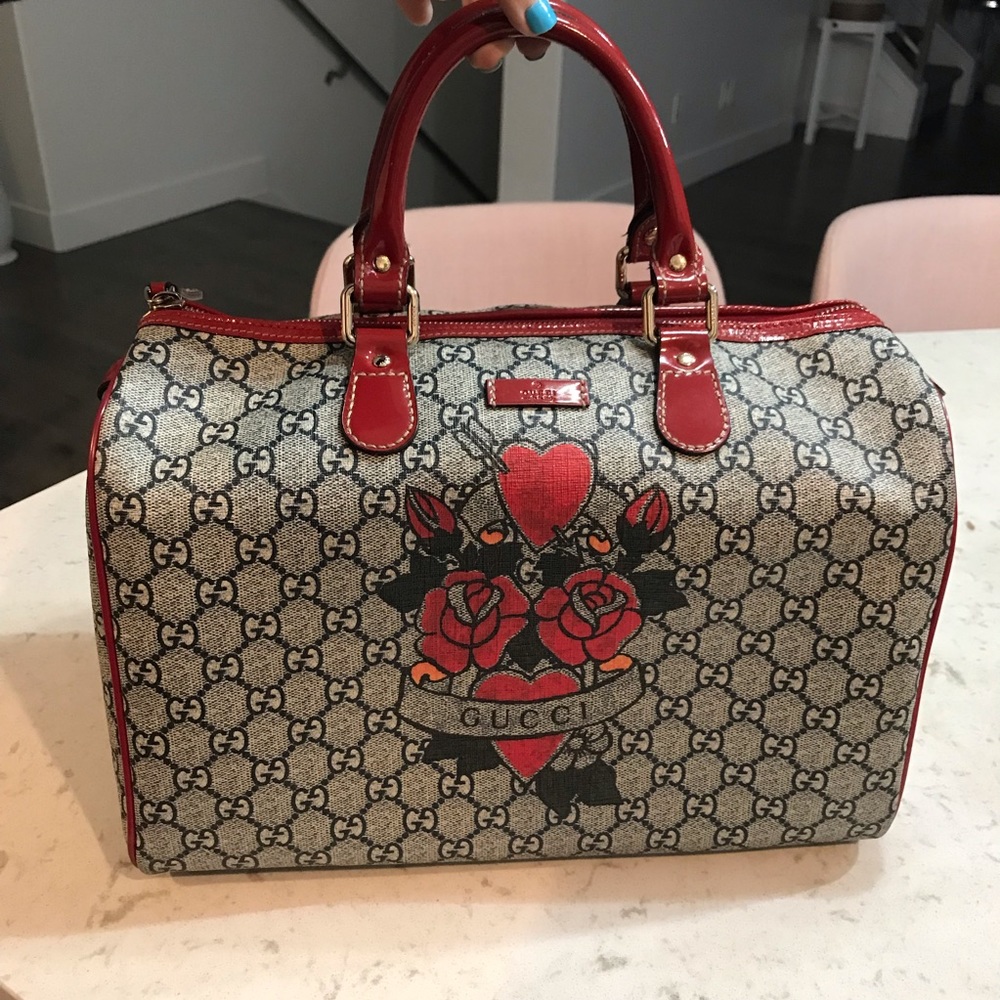 Gucci Tattoo Hearts & Roses Boston Bowler Handbag